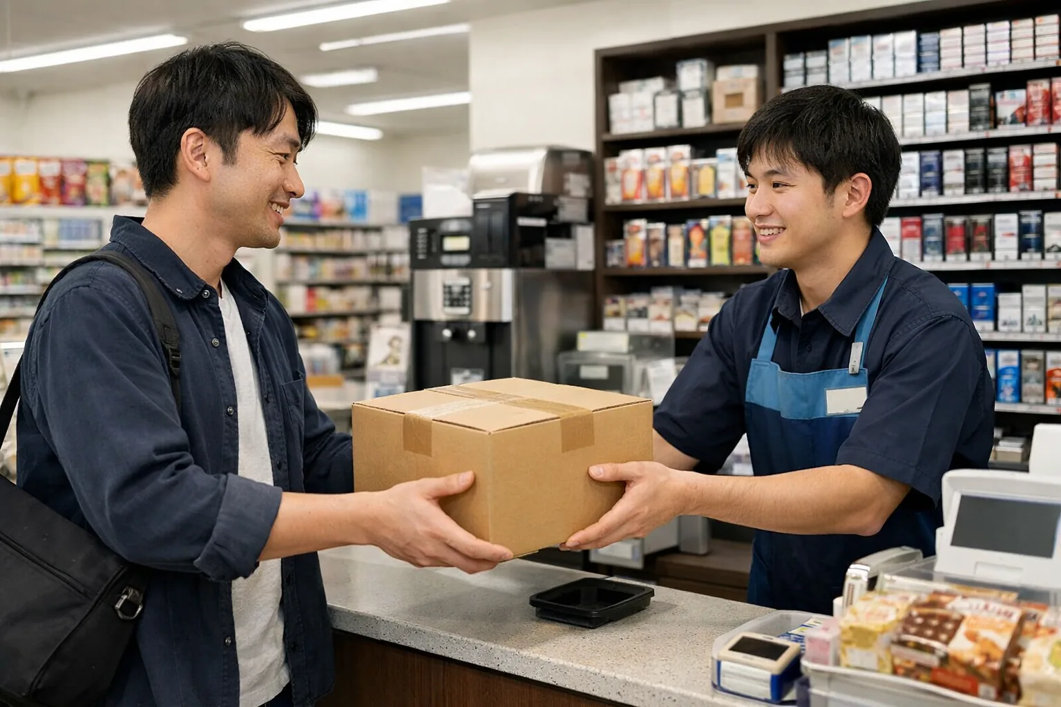 コンビニで段ボールを預ける様子