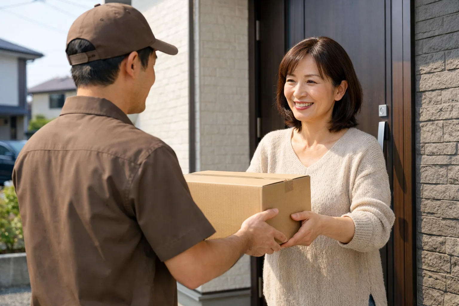 自宅で宅配業者に荷物を渡す様子