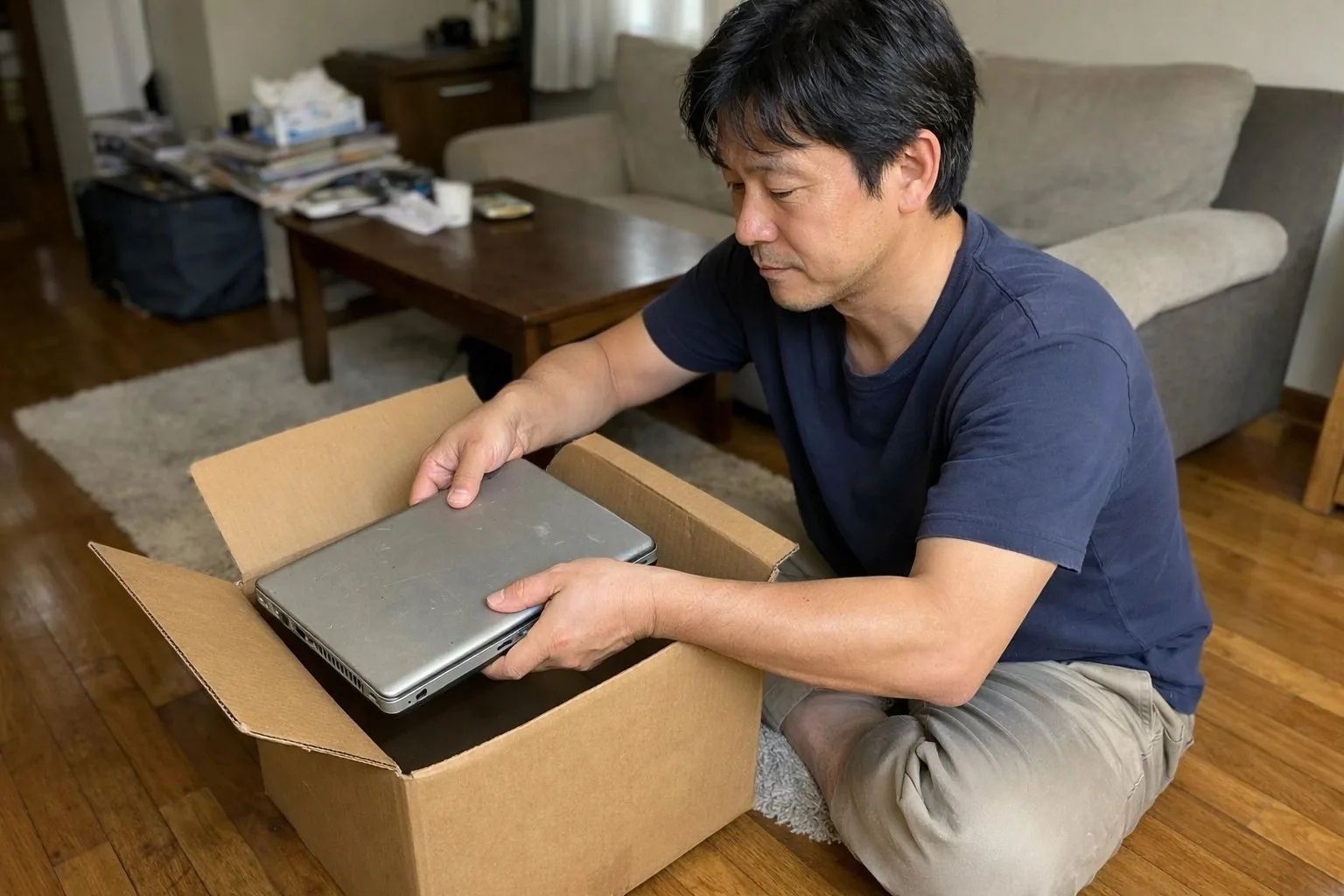 自宅の段ボールに古いノートパソコンを梱包する男性
